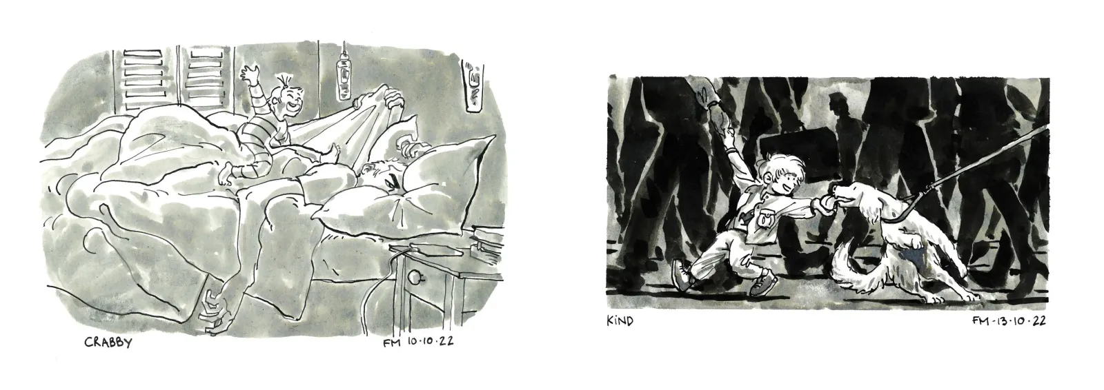 Ink drawings. Crabby on the left page, Kind on the right.