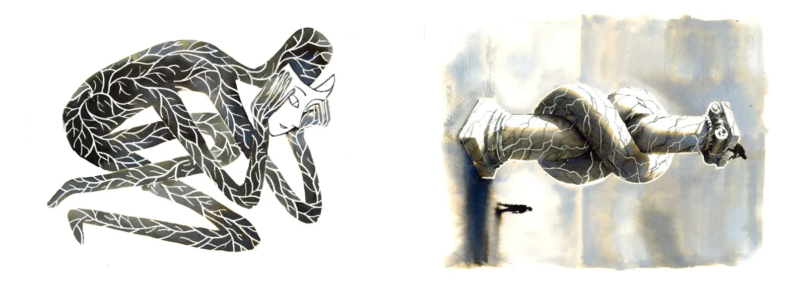 Ink drawings. Vessel on the left page, Knot on the right.