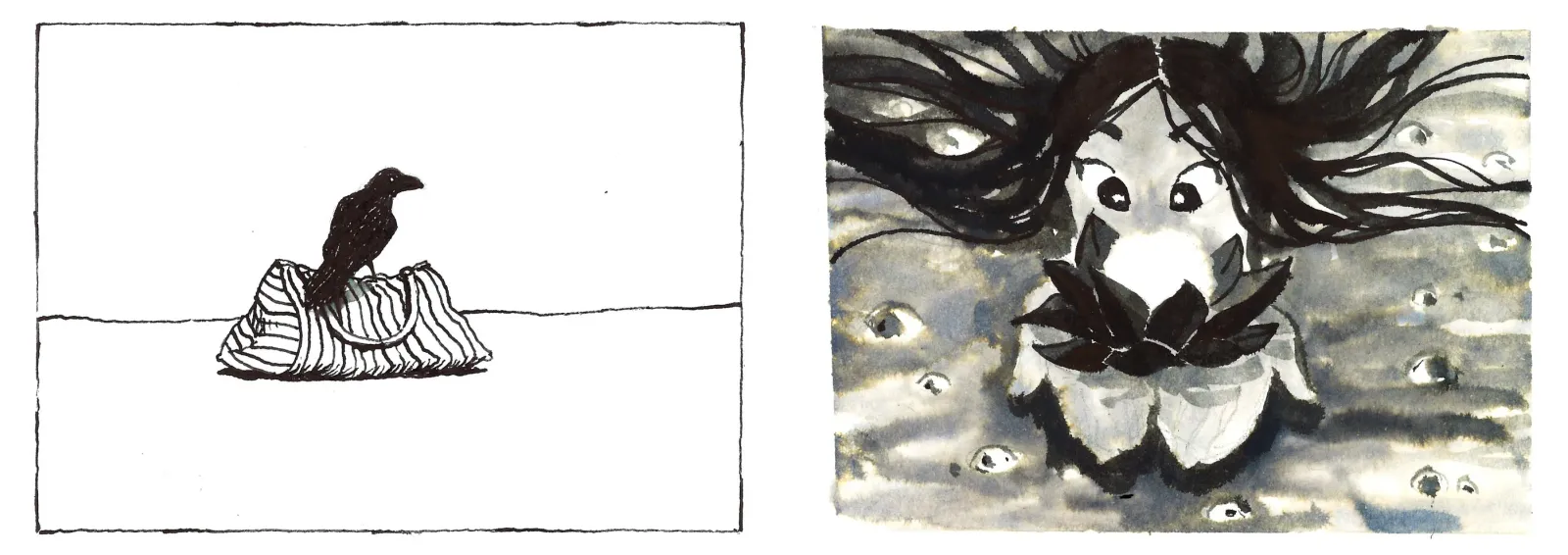 Ink drawings. Raven on the left page, Spirit on the right.