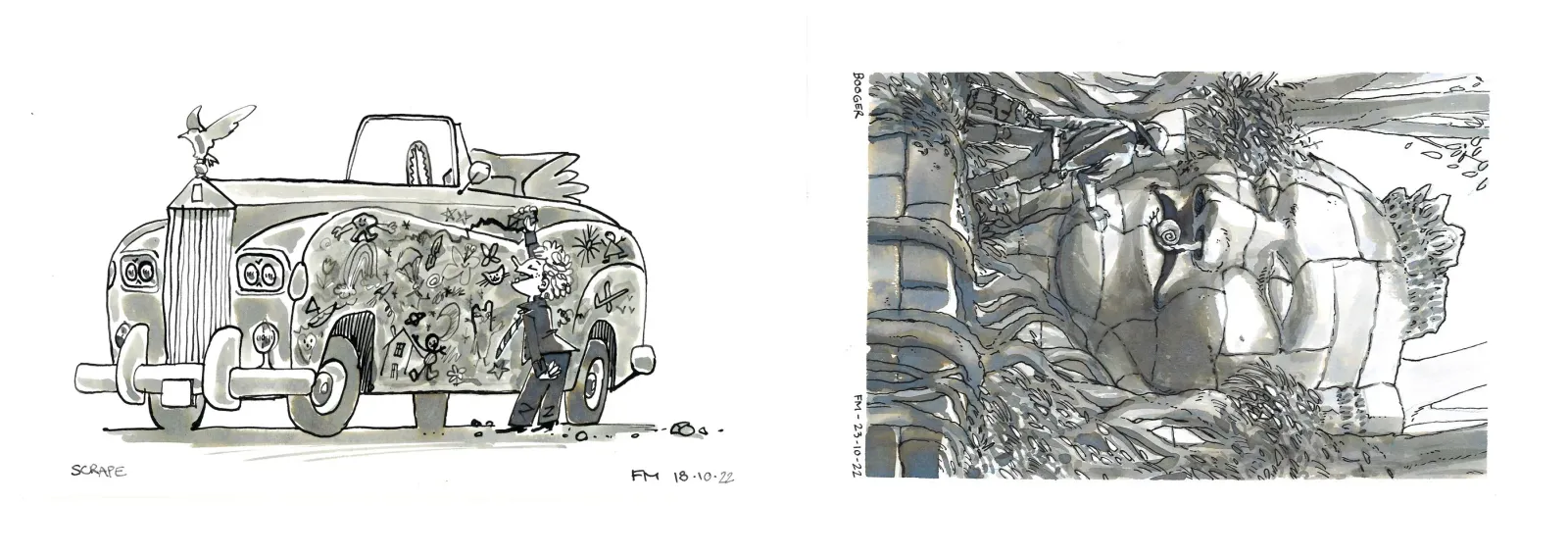 Ink drawings. Scrape on the left page, Booger on the right.