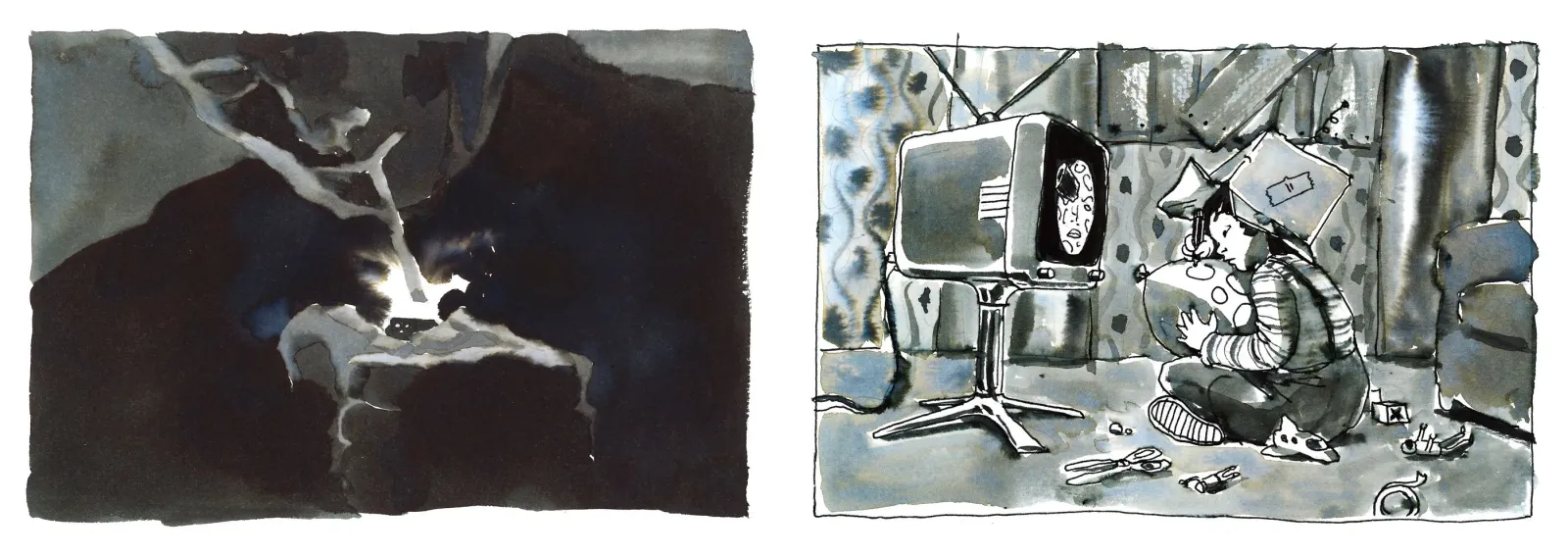 Ink drawings. Spark on the left page, Moon on the right.