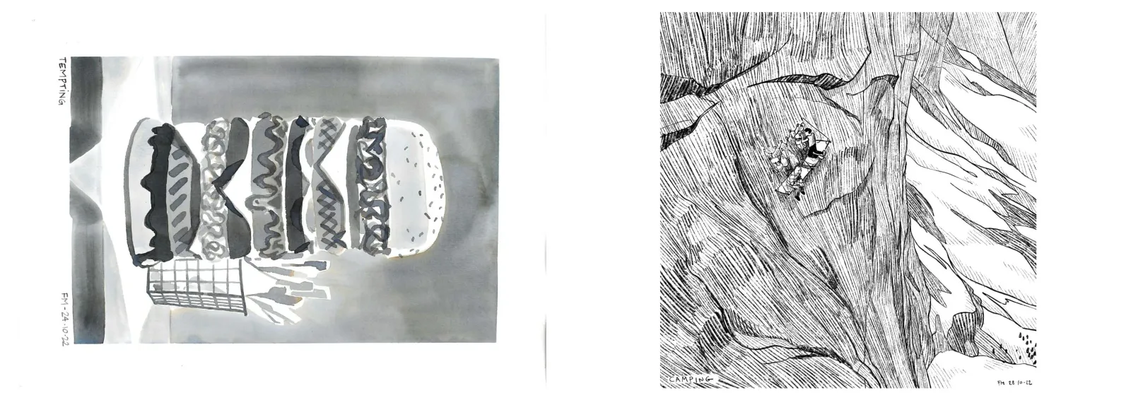 Ink drawings. Tempting on the left page, Camping on the right.