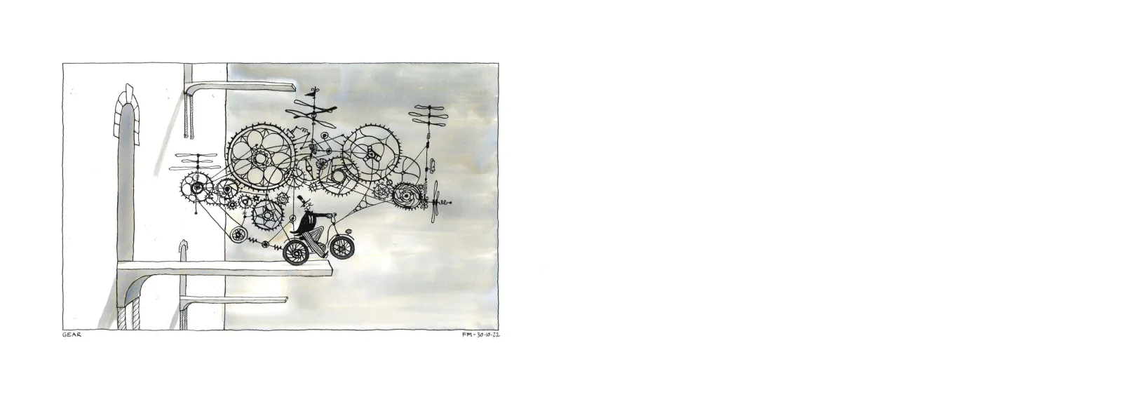 Ink drawings. Gear, alone on the left page.