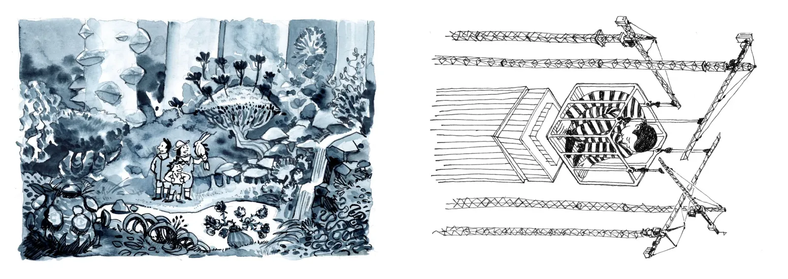 Ink drawings. Sprout on the left page, Pick on the right.