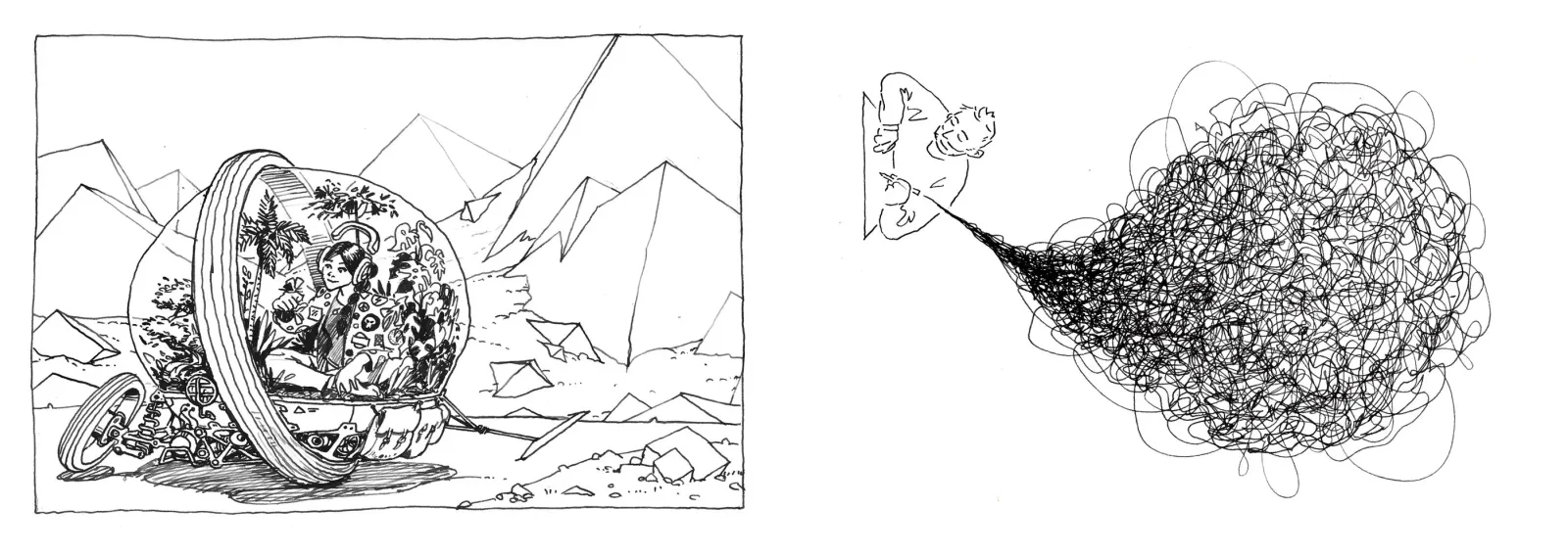 Ink drawings. Patch on the left page, Pressure on the right.