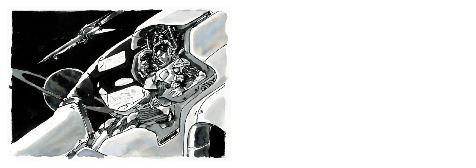 Ink drawings. Helmet, alone on the left page.