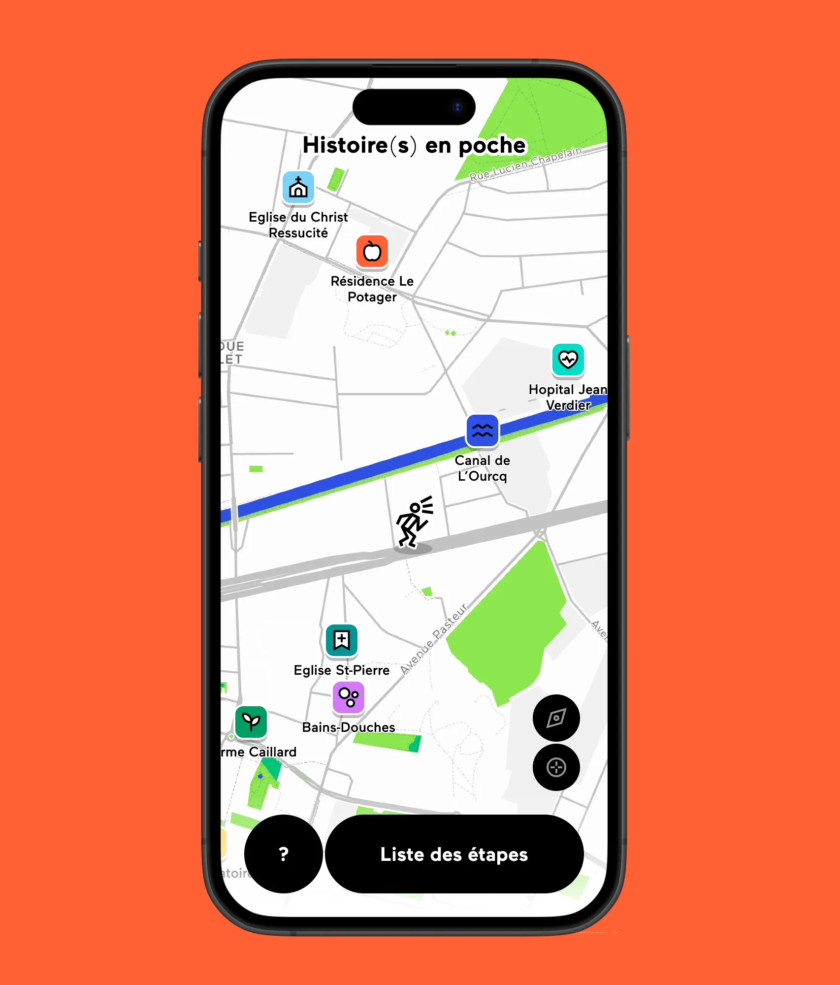 The map of the stops, each with a pictogram of its own, and the list one tap away. The map is one of the blocks shared by every app, restyled to the colours of each client.