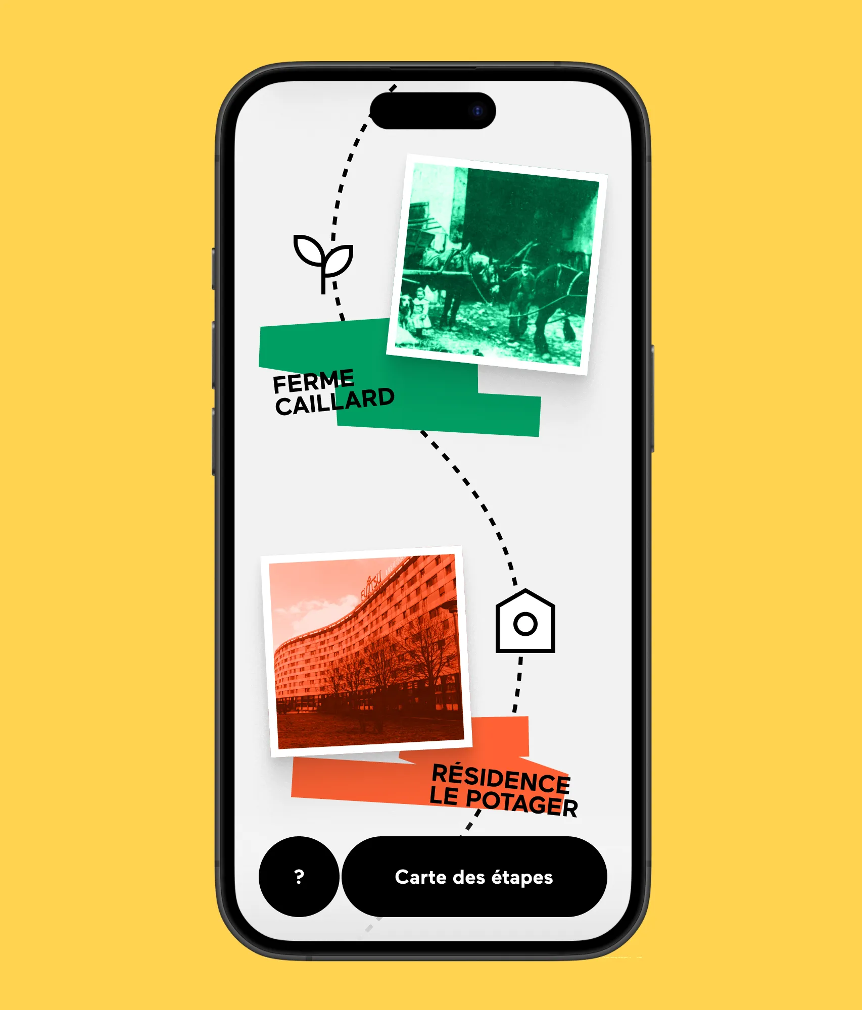 The way from one stop to the next, Ferme Caillard then Résidence Le Potager, drawn as a dotted treasure map path, with archive photographs tinted in the colours of the theme.