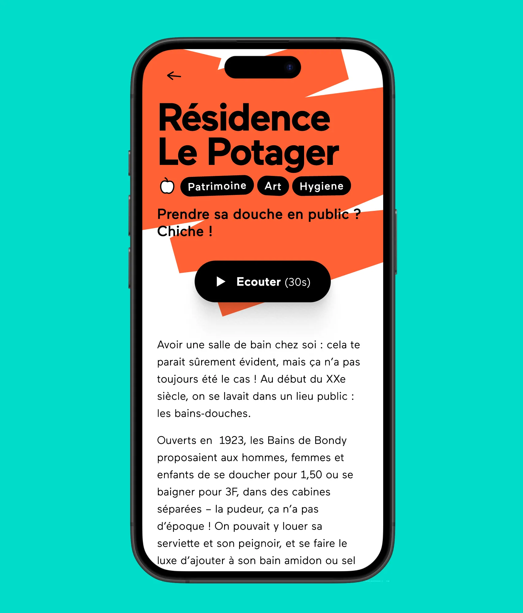 A point of interest, Résidence Le Potager and its public baths: tags, a hook line, a 30 second audio story and the text. Audio is only one block among others, and another client could put a video, a quiz or an augmented reality scene in its place.