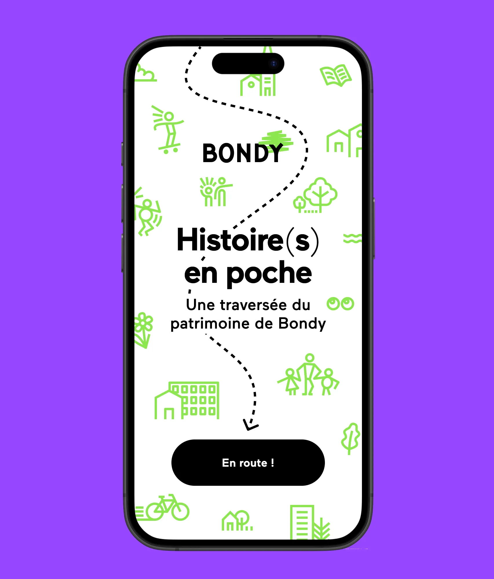 The version kept for Bondy, much more modern and close to street art: acid green line pictograms around the title, Histoire(s) en poche, a walk through the heritage of Bondy.