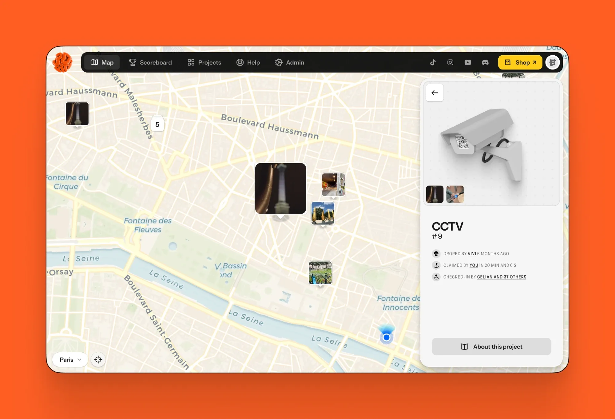 CCTV #9 on the desktop map, where it was hidden. Its card keeps the whole story of the drop: who dropped it, who claimed it, and the 27 others who checked in after them.