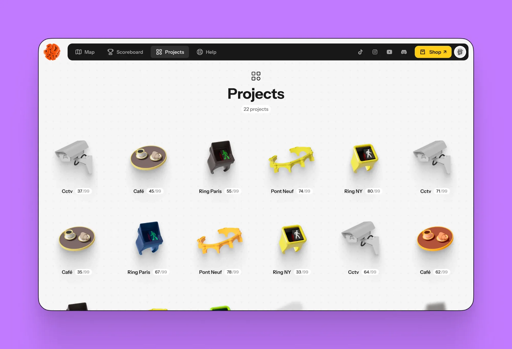 Every object exists in an edition of 99. The projects page gathers them, surveillance cameras, café tables, pedestrian light rings and Pont Neuf models, each with its number.