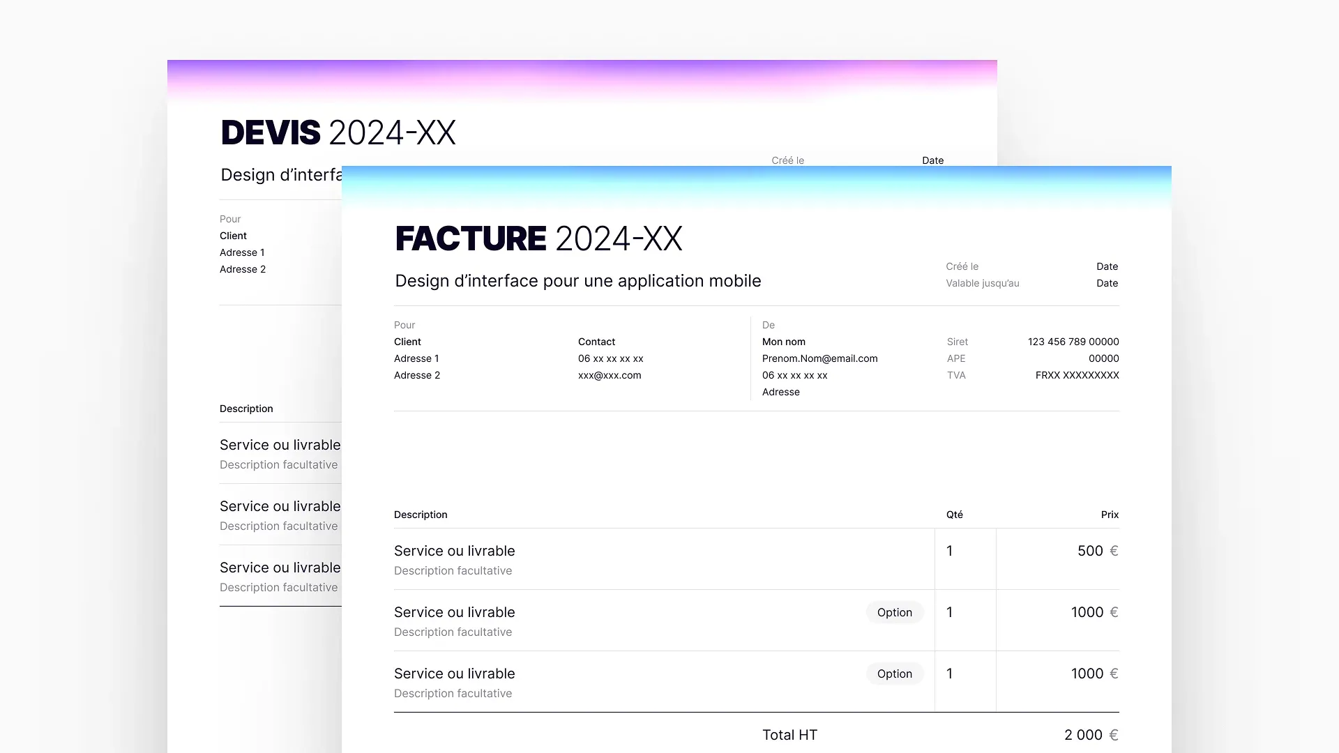 A quote and an invoice in French, one overlapping the other, each topped with a soft purple or blue gradient: client and sender details, a table of services with quantities and prices, and the total before tax.