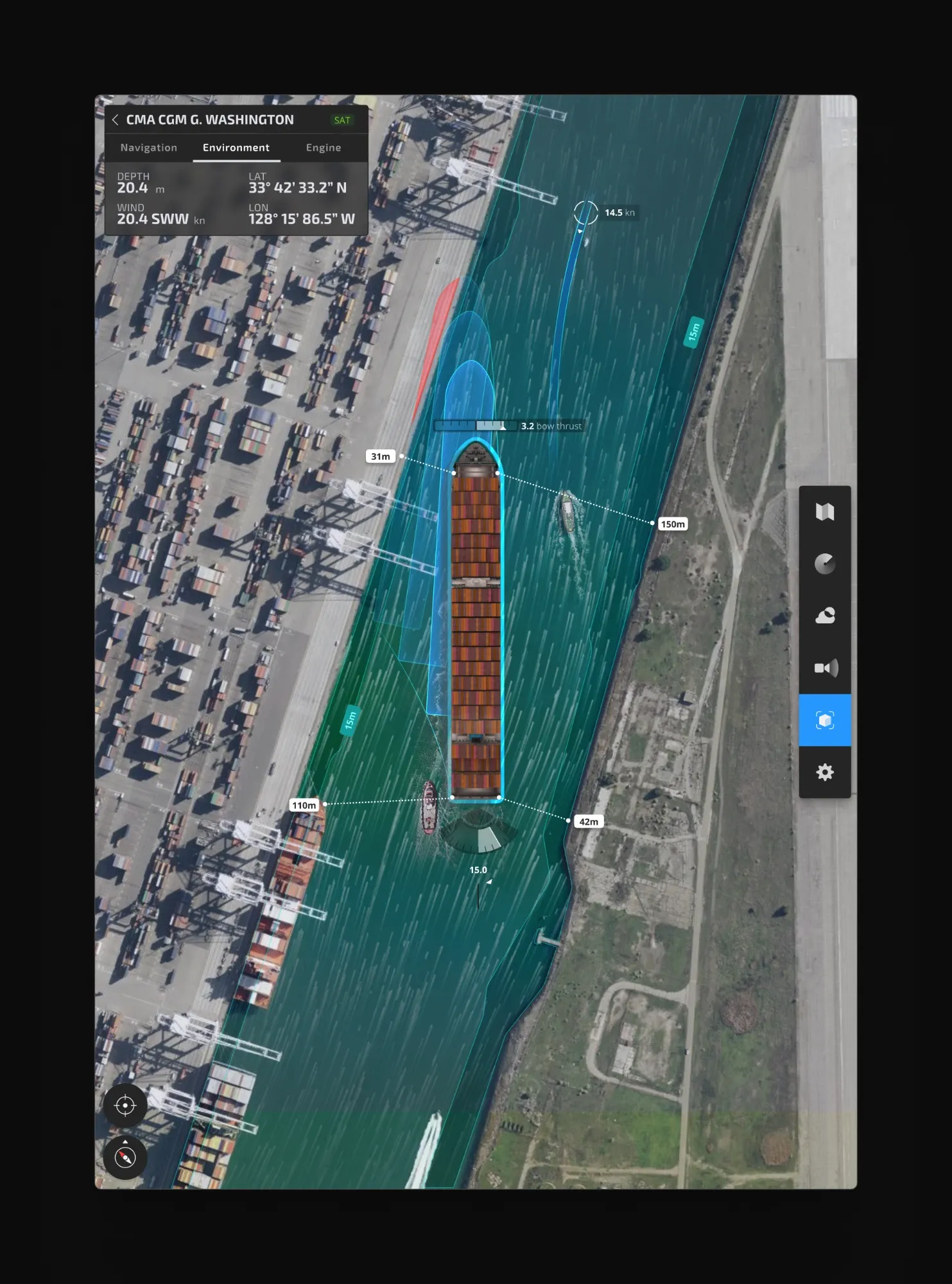 Berthing a container ship. Over the satellite view, the distances to the quay and to the tugs are measured around the hull, with the bow thruster level, the predicted path and the depth contours of the channel.