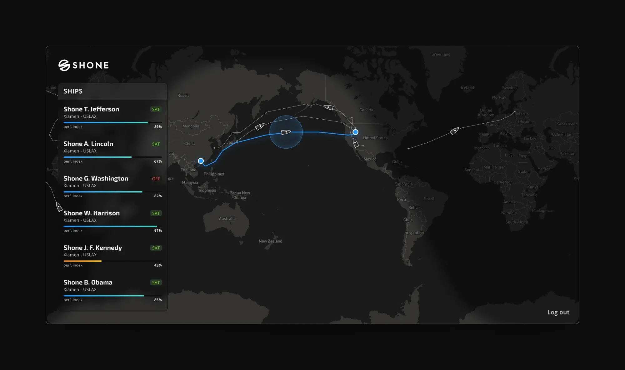 On shore, the whole fleet at a glance. Each ship on the Xiamen to Los Angeles route shows its satellite link status and a performance index, and the selected ship's route is drawn across the Pacific.