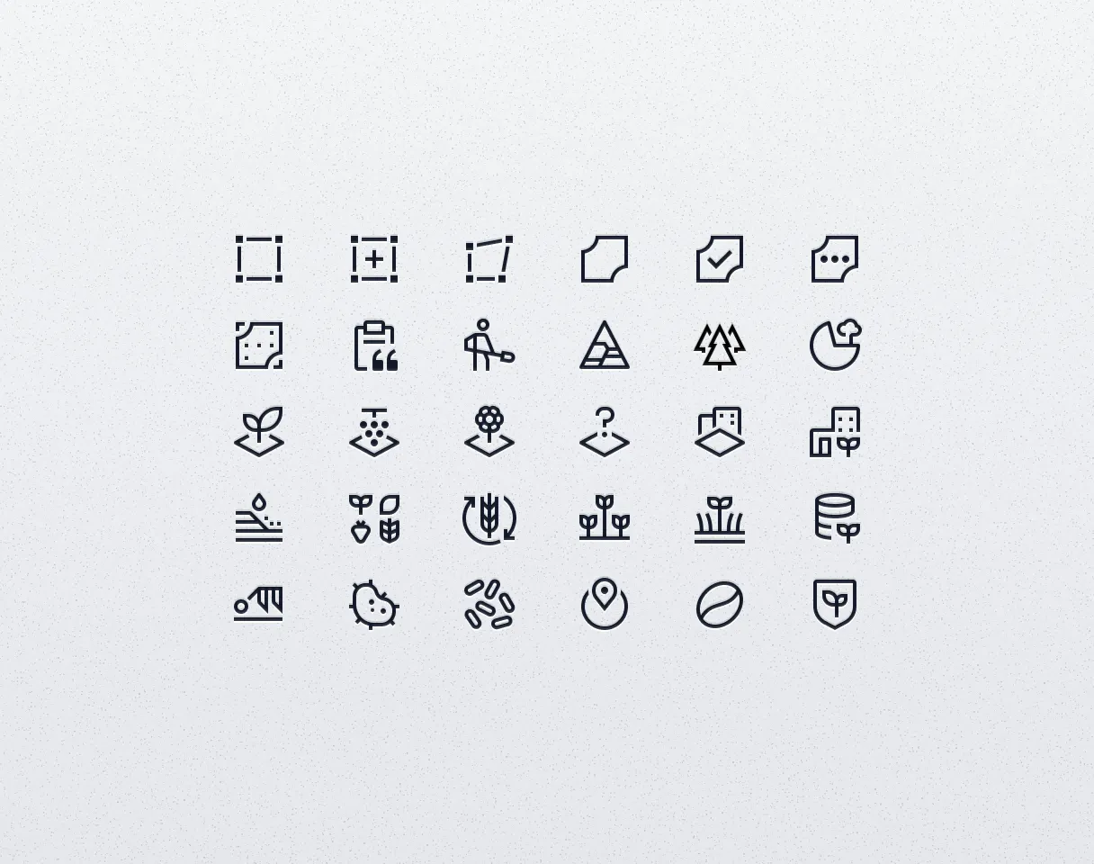 Part of the icon set drawn for the platform: crops, farming practices such as crop rotation or tillage, and plot operations. The same vocabulary holds at every scale, from a single field to a supply chain.