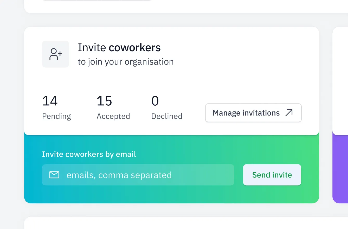 A score only matters if the people who act on it can see it: inviting coworkers into an organisation, with pending, accepted and declined invitations.