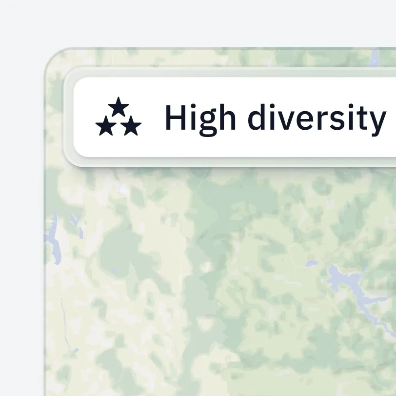 A diversity rating on the map, as stars and a word, High diversity. Stars hold up where a letter grade does not: an average of them still reads at a glance.