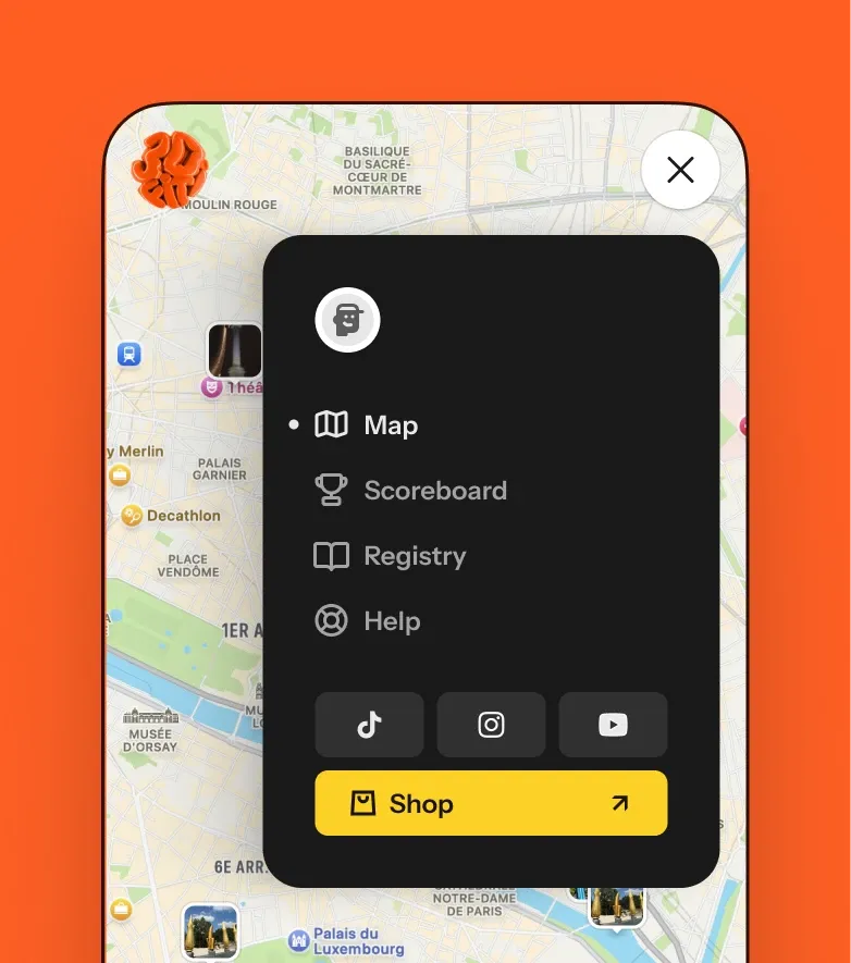 The menu stays one tap away and never replaces the map: scoreboard, registry, help, and the shop.