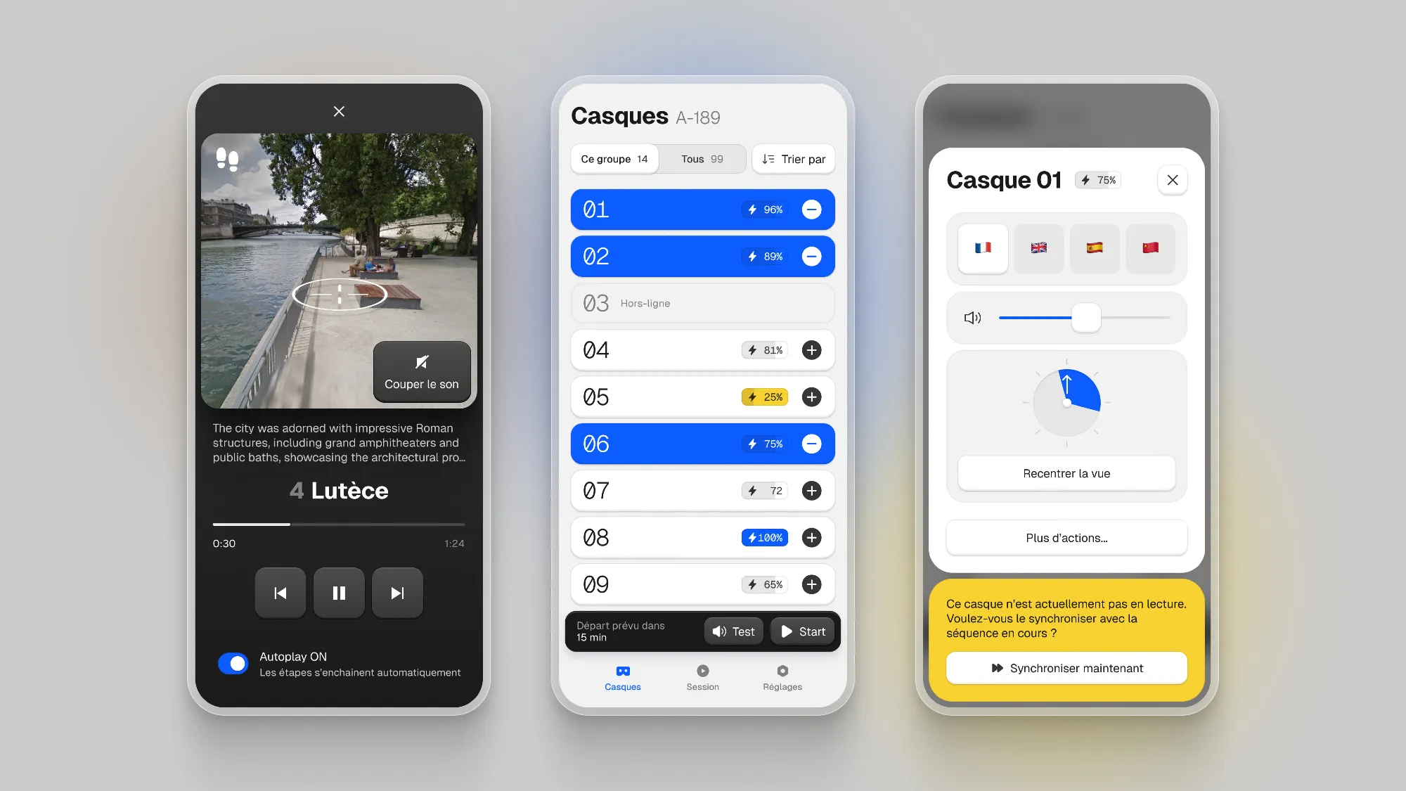 The same controls on a phone: the session player with a button to cut the sound, the headset list with low batteries flagged in yellow, and the settings of a single headset. When one falls out of sync, a yellow banner offers to bring it back to the current sequence with one tap.