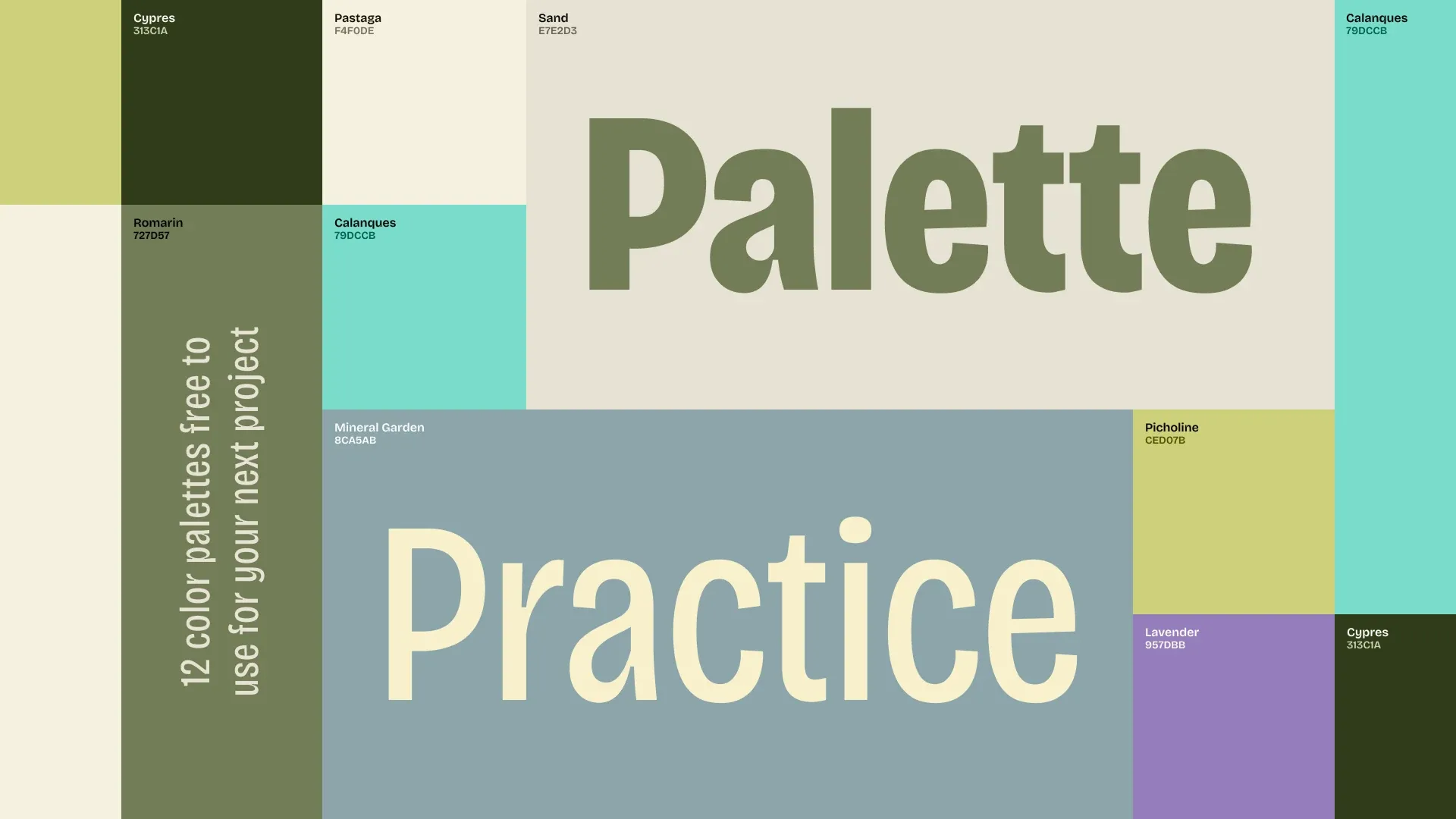 Large swatches in olive, cream, sand, mint, slate blue, lavender and dark green, each labelled with its name and hex code, around the words Palette Practice set in a condensed typeface.