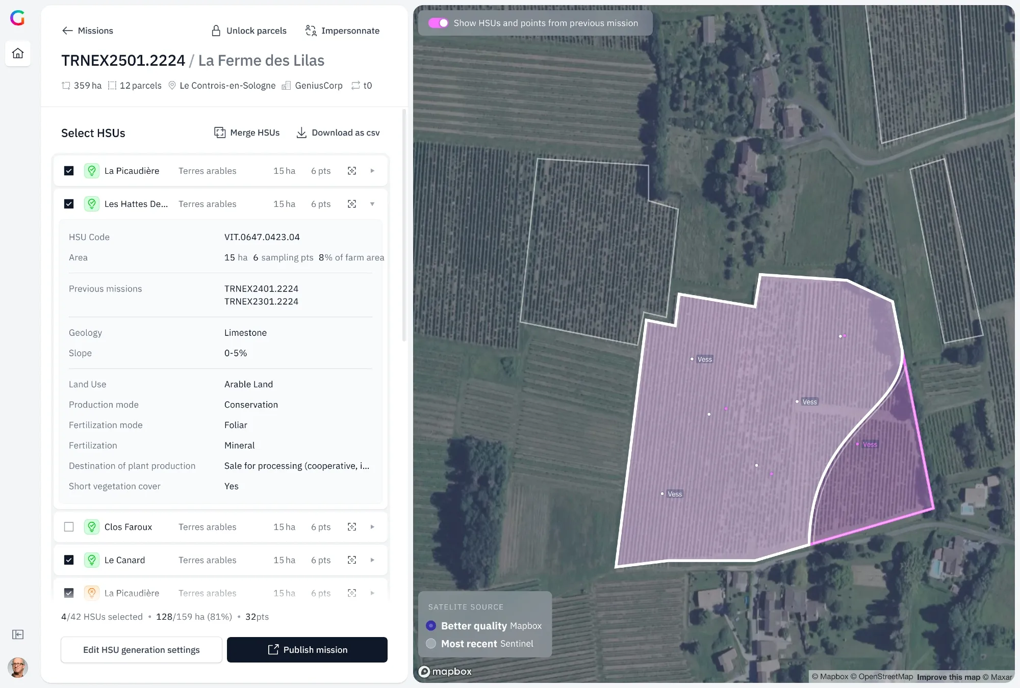 The finest level: a single farm, La Ferme des Lilas, divided into homogeneous soil units drawn over the satellite map. Each unit lists its area, soil type and sampling points, the raw measurements every score is built from.