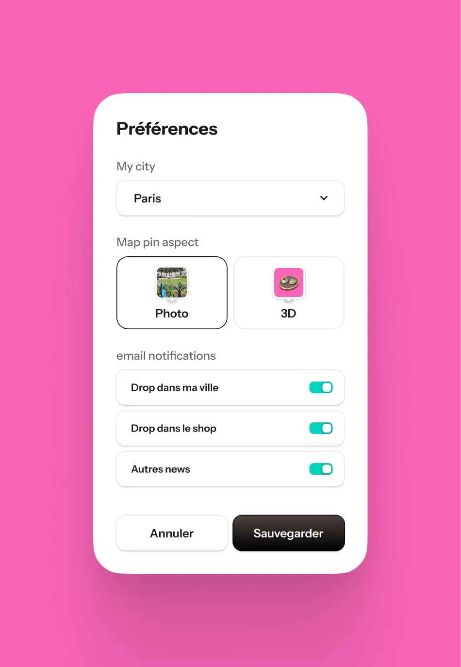 Preferences: a home city, email alerts for new drops, and the choice between map pins showing photos of the spots or the 3D objects themselves.