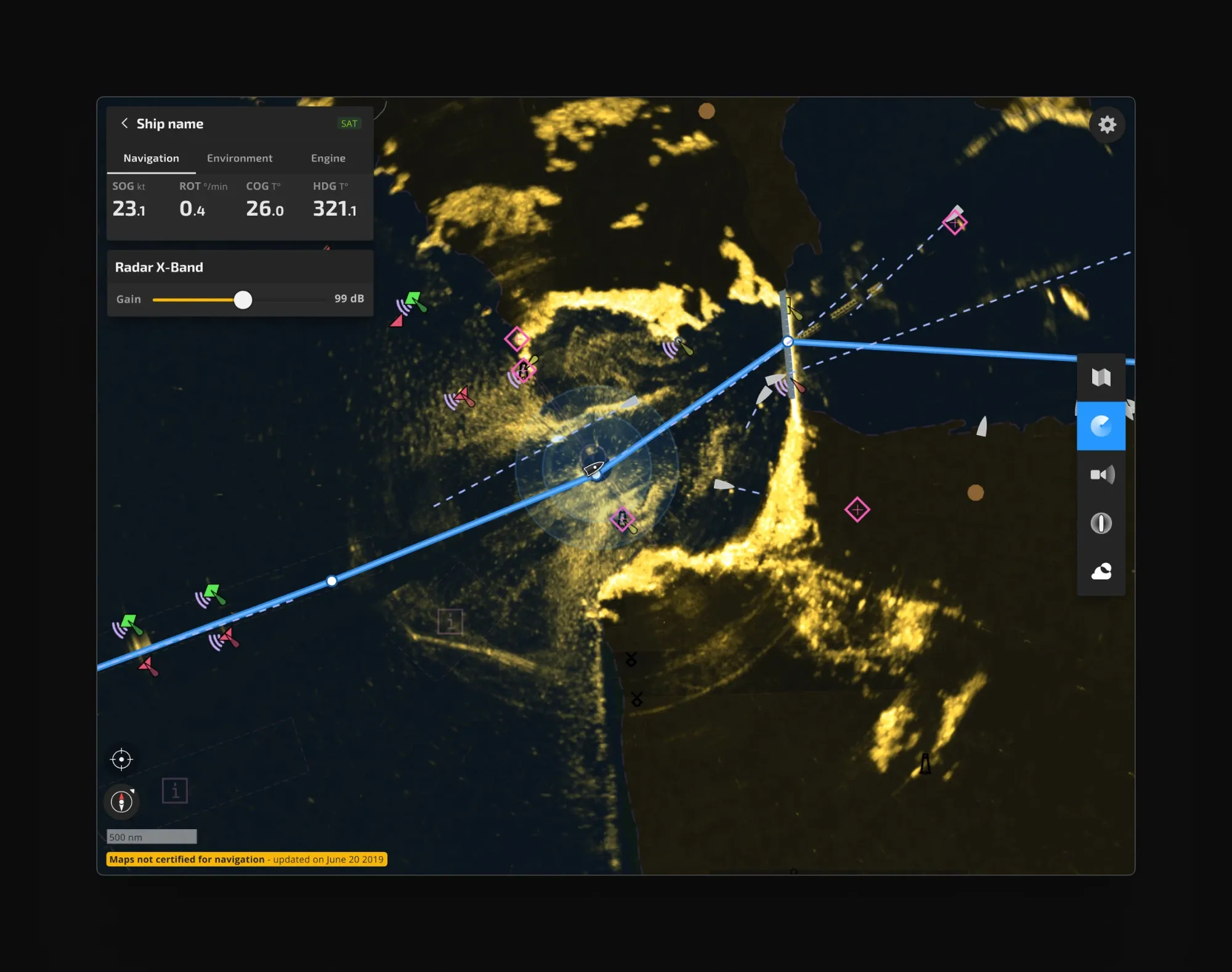 The radar layer keeps the yellow echoes of a classic X-band screen, but lays them on the chart with the planned route and every surrounding vessel as a target. The gain slider stays at hand.