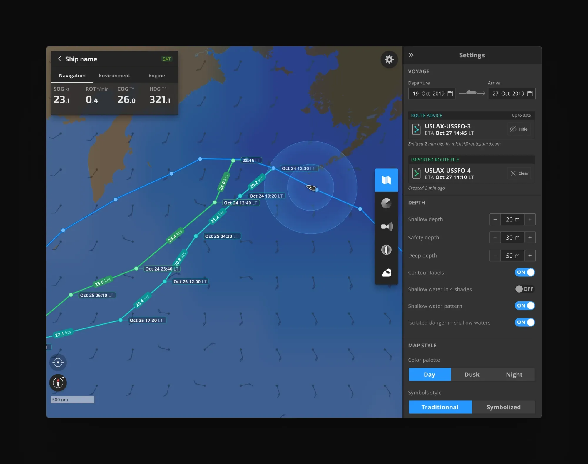 Choosing between routes. Three candidates are timed hour by hour on the chart, and the settings hold the voyage dates, the route advice received, the depth thresholds for shallow water, and day, dusk and night palettes for the bridge.