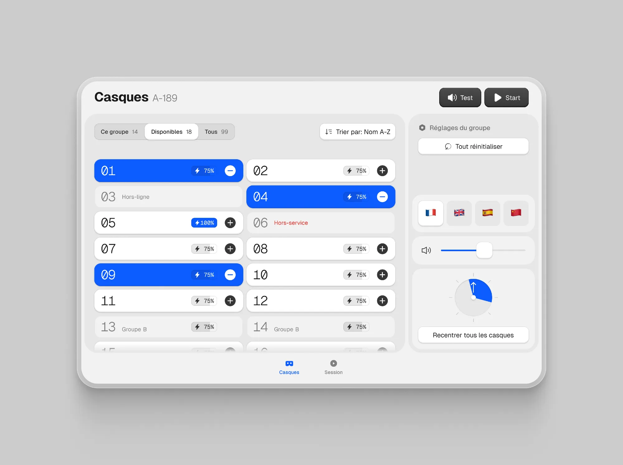 Setting up a group in seconds. Every headset in the pool is a large tile with its number and battery level: available ones join the group with one tap, offline or out of service ones are greyed out, and those of another group are marked as such. On the right, settings for the whole group at once: language, volume, and recentring every view.