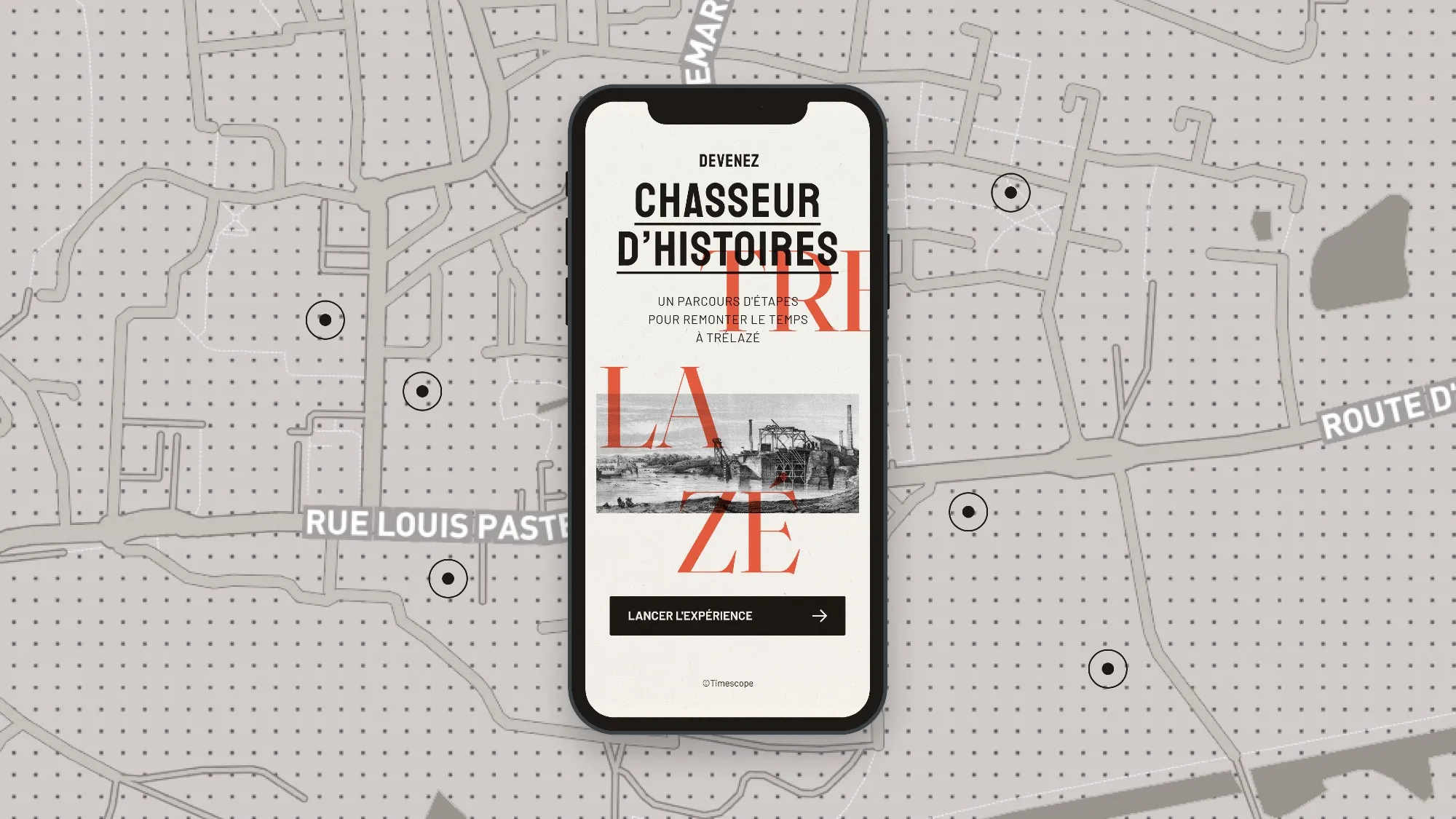 The industrial theme, for Trélazé: condensed type, archive photographs and a grey dotted map behind the splash screen, which invites visitors to become history hunters.