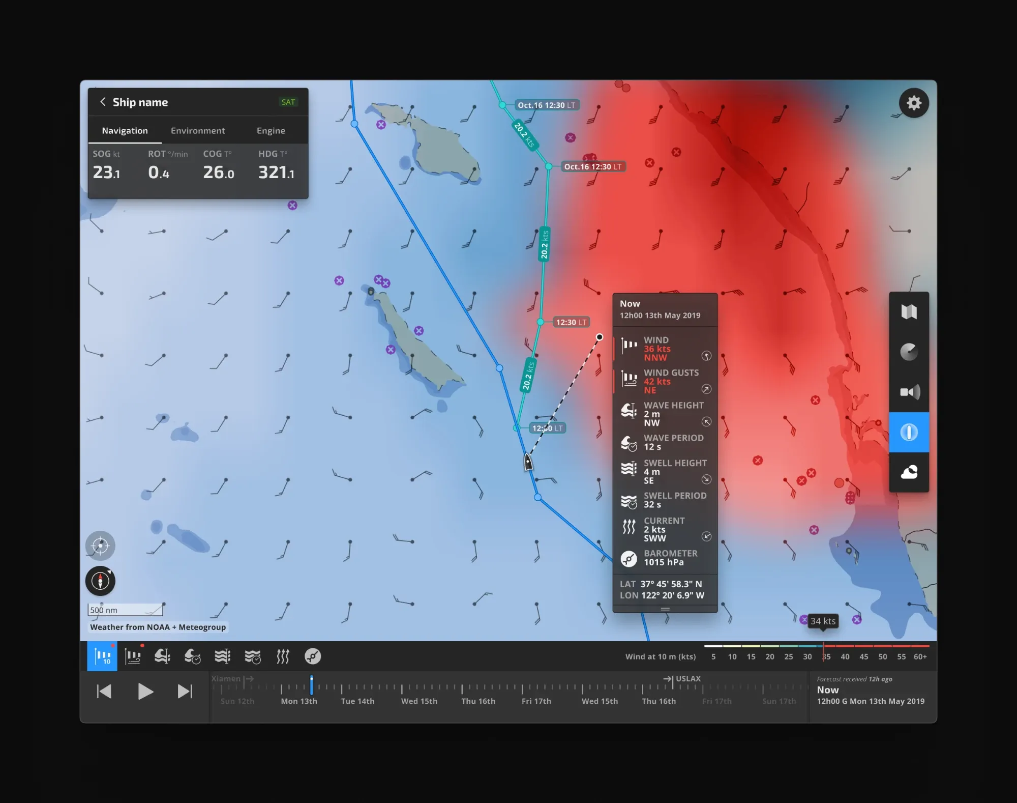The weather along the route. The wind map runs from blue to red, and a card sums up wind, gusts, waves, swell, current and pressure at the ship's position. The timeline below plays the forecast forward over the voyage.